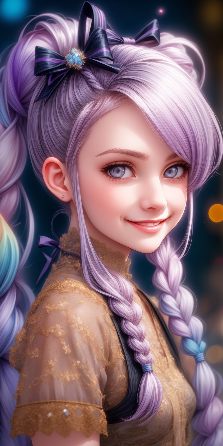 Ultra realistic nordic girl,beautiful grey eyes,smile, superbly crafted braided hairstyles,amazingly intricate braids woven with riibbons,7 colorful hair colors,each braided twintails painstakingly created and decorated with delicate ribbons and accessories.,aesthetic,Rainbow haired girl ,Realistic gray Eyes,flat chested,1 girl,midjourney