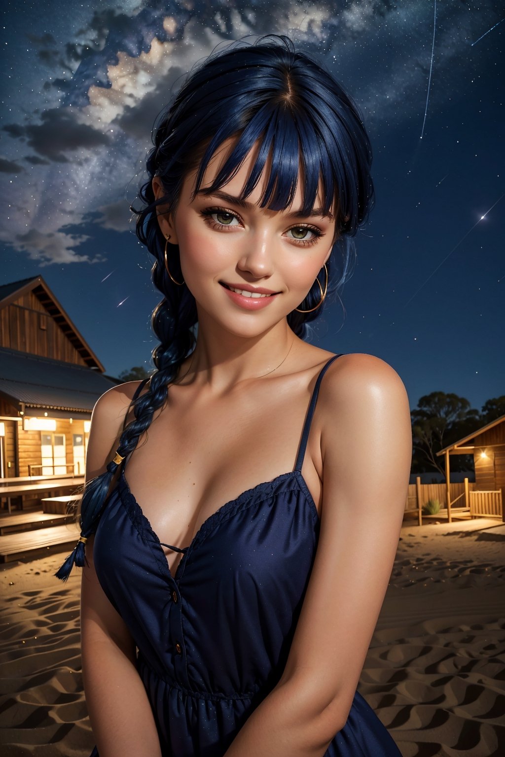 highres, masterpiece, realistic, perfect face ligting, bloom, night, dark, cinematic lighting, adult, perfect skin, female, small breasts, shapely thighs, short loose summer dress, looking at viewer, portrait, upper body, simple background, summer starry sky background, windy, parted bangs, blue hair, very long hair, long braided, :), (smile), Australian girl in the outback