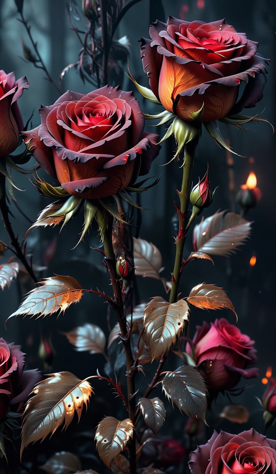 Fantasy art style, Ethereal, disturbing cursed roses feathers embers, rich dark colors vibrant style dark hues, night, uhd overalldetail 32k.,Expressiveh