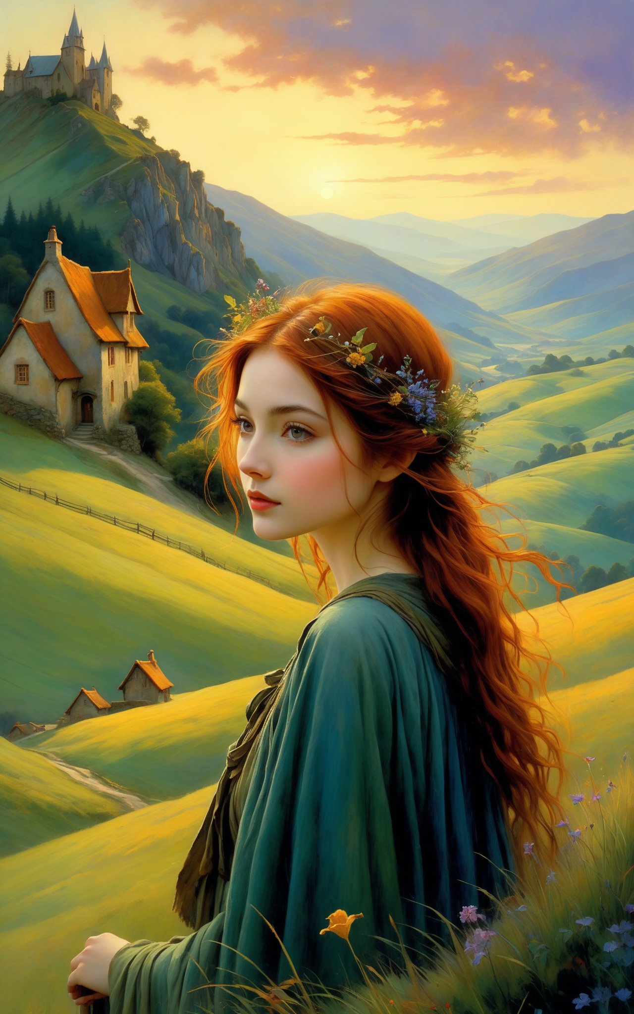 a series of hills , romantic impressionism, dream scenery art, beautiful oil matte painting, pretty girl in foreground, romantic, beautiful digital painting, anime landscape, romantic painting, dreamlike digital painting, colorful painting, thick brushstrokes characteristic, rough stroke, beautiful gorgeous digital art, style Karol Bok, Brian Froud, Wendy Froud, Guy Davis, Sergio Sandoval
