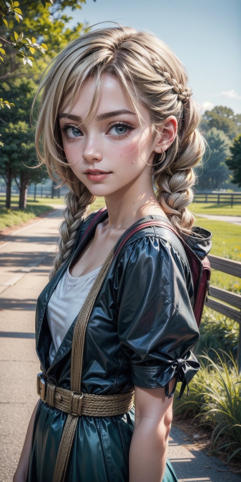 ( detailed realistic background country road:1), ( official art, beautiful and aesthetic:1 ), realistic lighting, cinematic lighting, hyperrealism, soothing tones, muted colors, high contrast, soft light, sharp, artistic photoshoot, ( cute, petite ), slender, european, pale cheeks, smile, square face shape with angular jaw, natural "no-makeup" makeup, small breasts, , platinum blonde hair , rope twist braid hairstyle, Backpacking on a country road,anzhcmiku