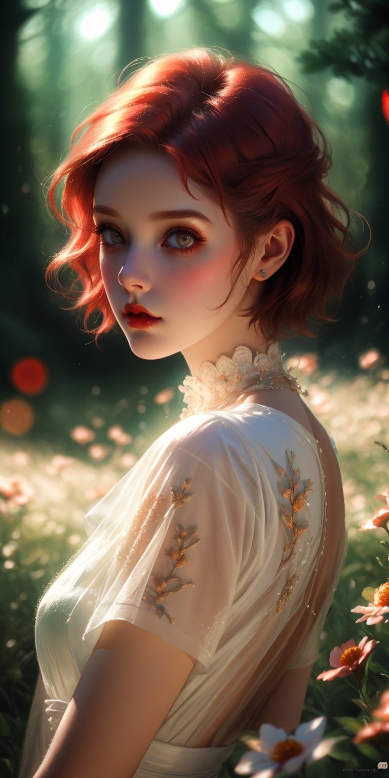 (elegant, beautiful face), upper body portrait, transparent white dress, forest moss, gothic makeup, flowers field, curly red hair, posing ketch of woman, cute nord tomboy, magical atmosphere, ((short hair)), (detailed skin, skin texture), (intricately detailed, fine details, hyperdetailed), raytracing, subsurface scattering, (fantasy underworld on background), diffused soft lighting, shallow depth of field, by (Oliver Wetter), sharp focus bokeh, (photo quality:1.4), beautyniji