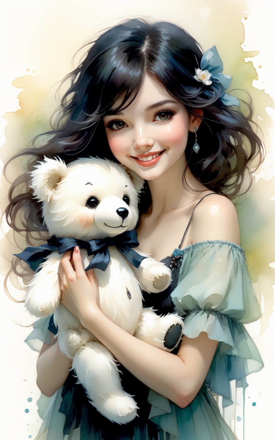 (Beautiful Woman with dark hair) holding a small (tiny cute and adorable white plush fluffy chibi-style teddy bear with large black eyes), in the style of Harrison Fisher and Brian Froud and Jeremy Mann, smile, Whimsical, vibrant colors, gloss, sweetness, surreal, thick brush strokes, layered textures, mythical, magical,more detail XL