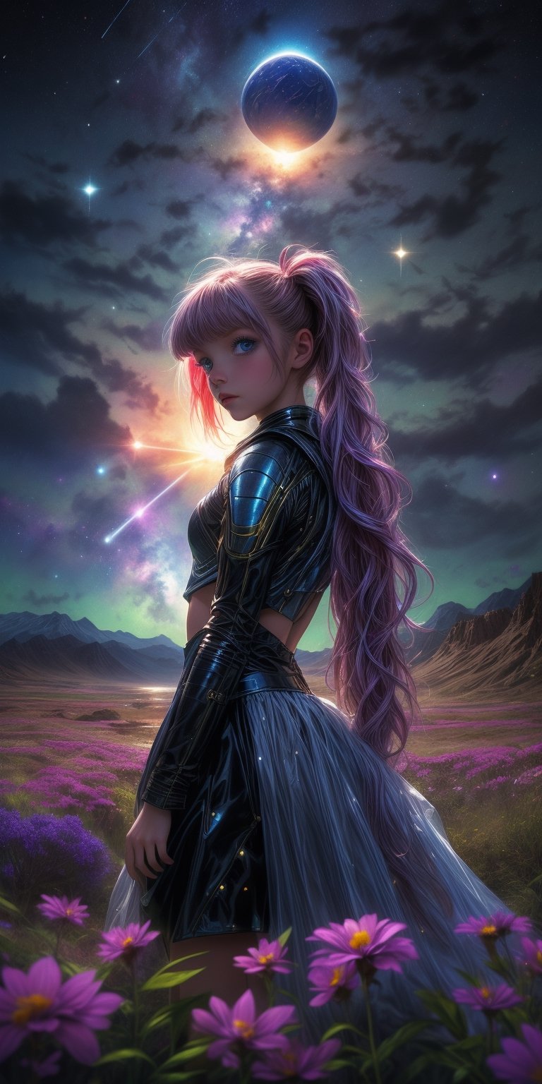 "A detailed painting of a little alien girl dressed as a space ranger, long twin tails, exploring an extraterrestrial landscape adorned with vibrant, otherworldly flowers. Science fiction wonderland, imaginative, space adventure." cowboy shot,midjourney,