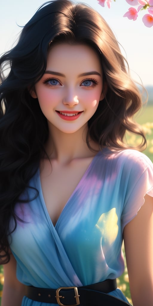 a close up of an ultra hot gorgeous European woman, Fertile Spring morn dawns, She and nature intertwined, Celebrating life, smile, happy, joyful, (portrait photo:1.3), adult woman, 18 year old female, medium breasts,tie dyed chiffon dress, belt, (long black wavy hair:1.2), cinematic, dramatic, 4k, beautyniji