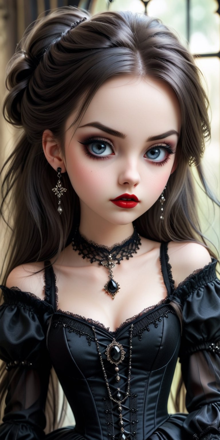 ((cowboy shot)), Beautiful girl, Long hair, Impressive hairstyle, Gothic gown, Pretty cute face, Flawless face, Jewelry earrings, Antique jewelry, Detailed eyes, 

Beautiful eyes, Meticulous makeup, Thin eyebrows, Beautiful red lips, small breasts, Thin, sitting, midjourney,more detail XL,goth person, 