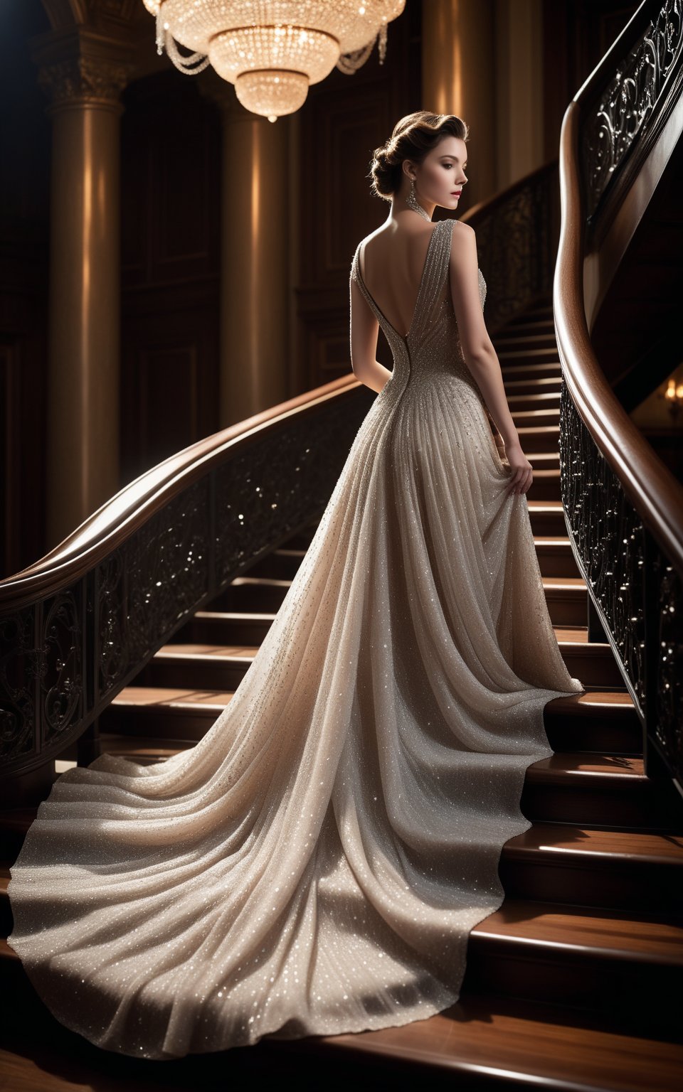 mythp0rt,Midjourney_Whisper, A solitary maiden adorned in an ethereal gown of scintillating fabric descends an ornate staircase. Capture her melancholic beauty in a medium, three-quarter shot, highlighting the juxtaposition of her diaphanous attire against the dark, polished wood of the balustrade. The camera angle should be slightly low, emphasizing the cascading shimmer of her dress and the delicate slope of her neck. The lighting, reminiscent of twilight, casts a soft, pearlescent glow, catching the myriad of glittering particles sewn into her gown. Focus on the interplay of light and shadow, enhancing the air of somber elegance. Pay meticulous attention to the intricate details of the railing and the subtle sheen of the wood. Amplify the atmosphere of longing by suggesting a grand ballroom just beyond the frame
Expressiveh,concept art