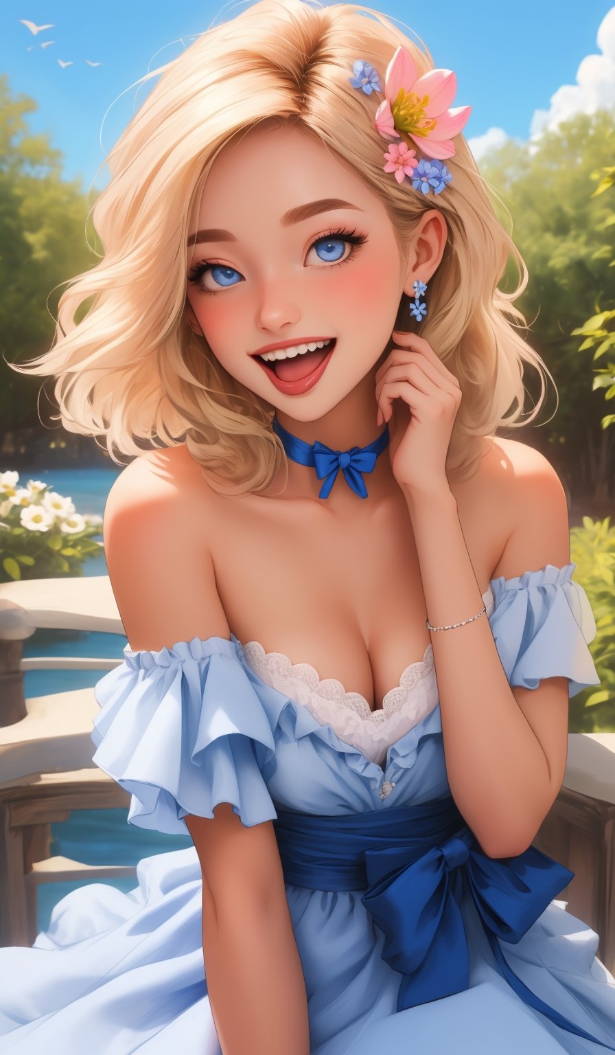 1girl, solo, breasts, flower, smile, open mouth, hair flower, blue eyes, blonde hair, looking at viewer, hair ornament, bare shoulders, blush, outdoors, pink flower, dress, small breasts, :d, choker, teeth, cleavage, day, collarbone, frills, blue dress, sky, upper body, strapless, bangs, blue sky, white flower, blue bow, bow, upper teeth only, arm garter, strapless dress, medium hair, eyelashes, head rest, tongue, lips
,midjourney,SAM YANG