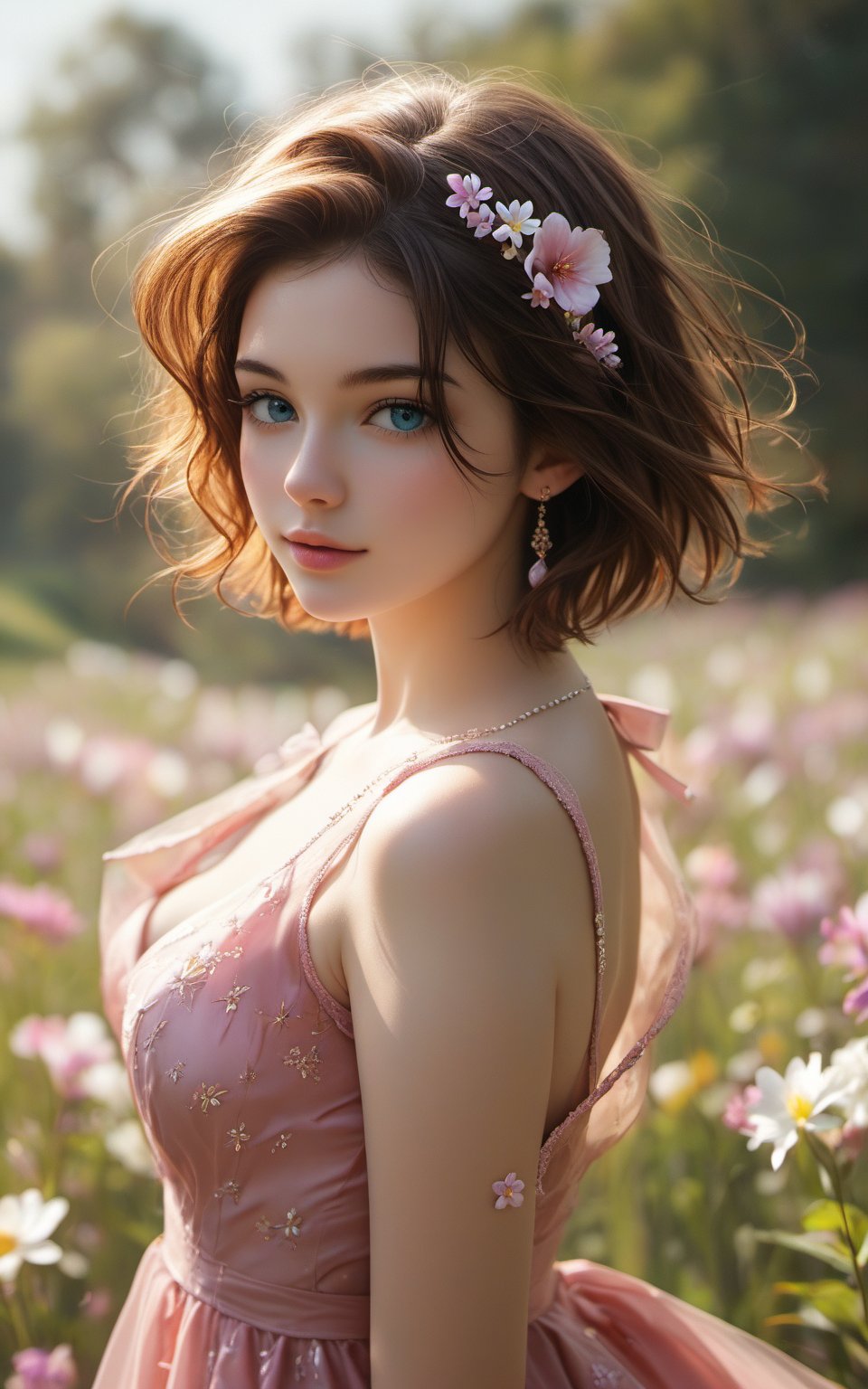 symmetrical, high quality, highres, absurdres, ((masterpiece, best quality)), (((masterpiece, best_quality, highest quality))), light blue eyes, (perfect detail, perfect skin:1.2),extremely detailed 8K wallpaper, solo, beautiful woman, beautiful brown hair, short hair, wearing a pink silk dress, (standing in a lavender field), spring, flowers, soft lighting, full body, hyper realistic dynamic 35mm photo, depth of field, motion blur , Expressiveh,concept art, score_6
