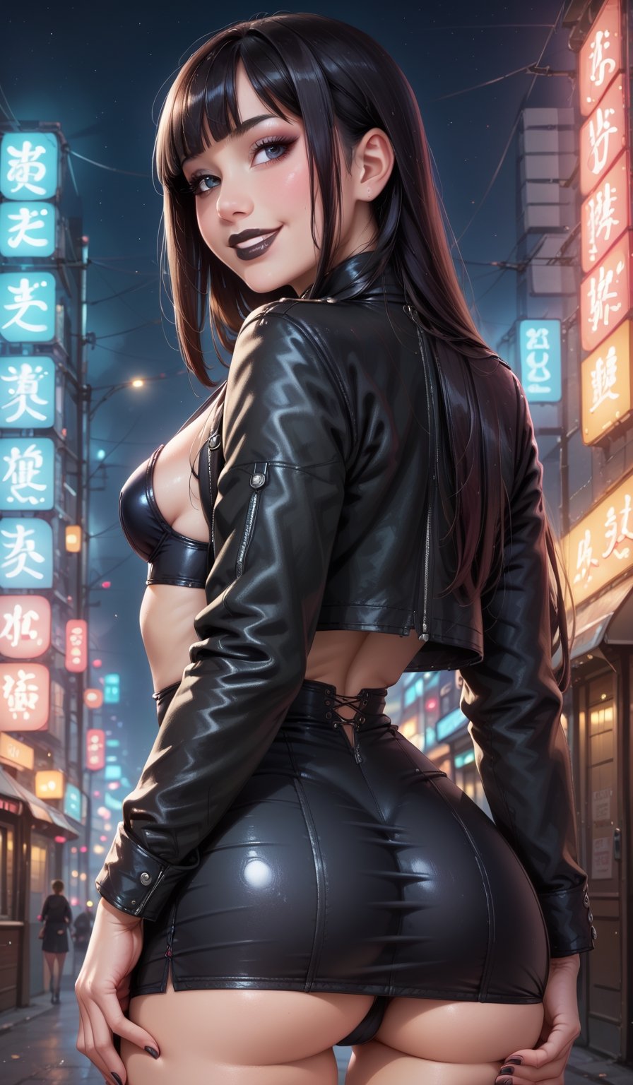 score_9, score_8_up, score_7_up, high quality, (1girl, black hair, very long hair, hime cut, black makeup, black lips, goth, Short biker jacket, (((small short miniskirt))), thick, thigh, thick body, thick thigh, rear view, sexy looking back, suggestive look, smile, close mouth, long closed black coat, shiny body, small breasts, low cut bustier), dark futuristic streets, pink and blue neon lights, look to viewer
