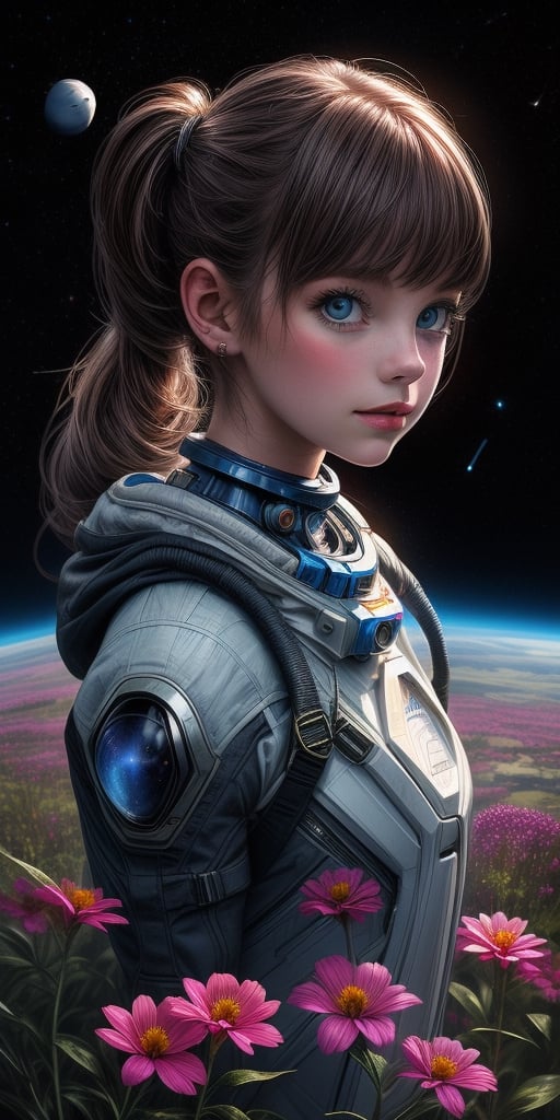 "A detailed painting of a little alien girl dressed as a space ranger, long twin tails, exploring an extraterrestrial landscape adorned with vibrant, otherworldly flowers. Science fiction wonderland, imaginative, space adventure." (((upper body portrait))),midjourney,