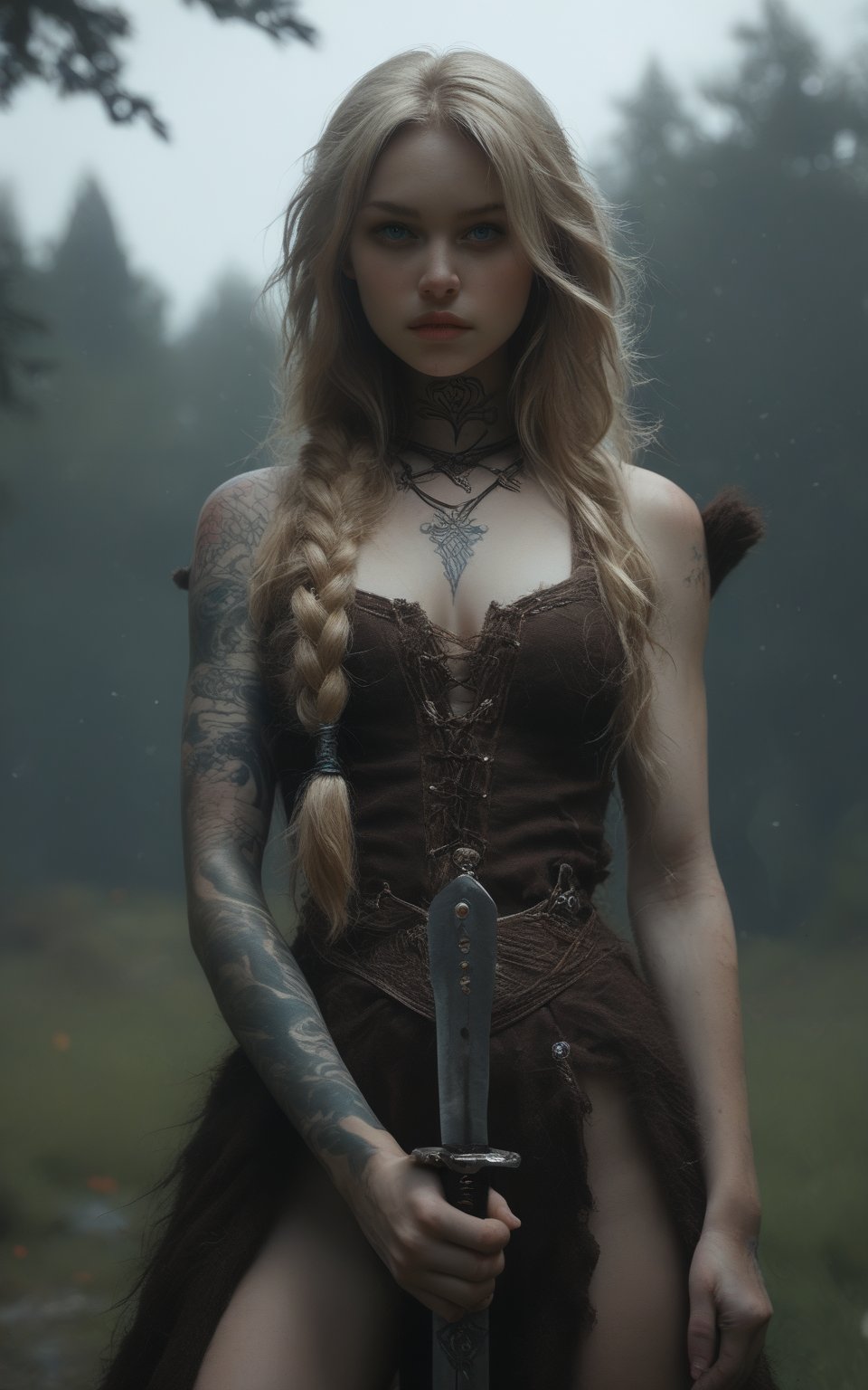 realistic, 1girl, long hair, blonde hair, blue eyes, single braid, solo, holding a sword with right hand, viking, Shieldmaiden, vinkerian tattoos, revealing sexy vikings attire, stands with legs apart, photorealistic image, 35mm photograph, depth_of_field, bokeh viking, realistic, view_between_legs, thigh_gap weapon, holding sword, sheathed, scabbard, , score_9, score_8_up, score_7_up, realism, realistic, masterpiece, best quality, very aesthetic, absurdres,, realism, hyperrealistic,, outdoors, scenery, finely detailed exterior, , detailed skin texture, realistic skin structure, (goosebumps:1.2), subsurface scattering, g0thicPXL,ExpressiveH