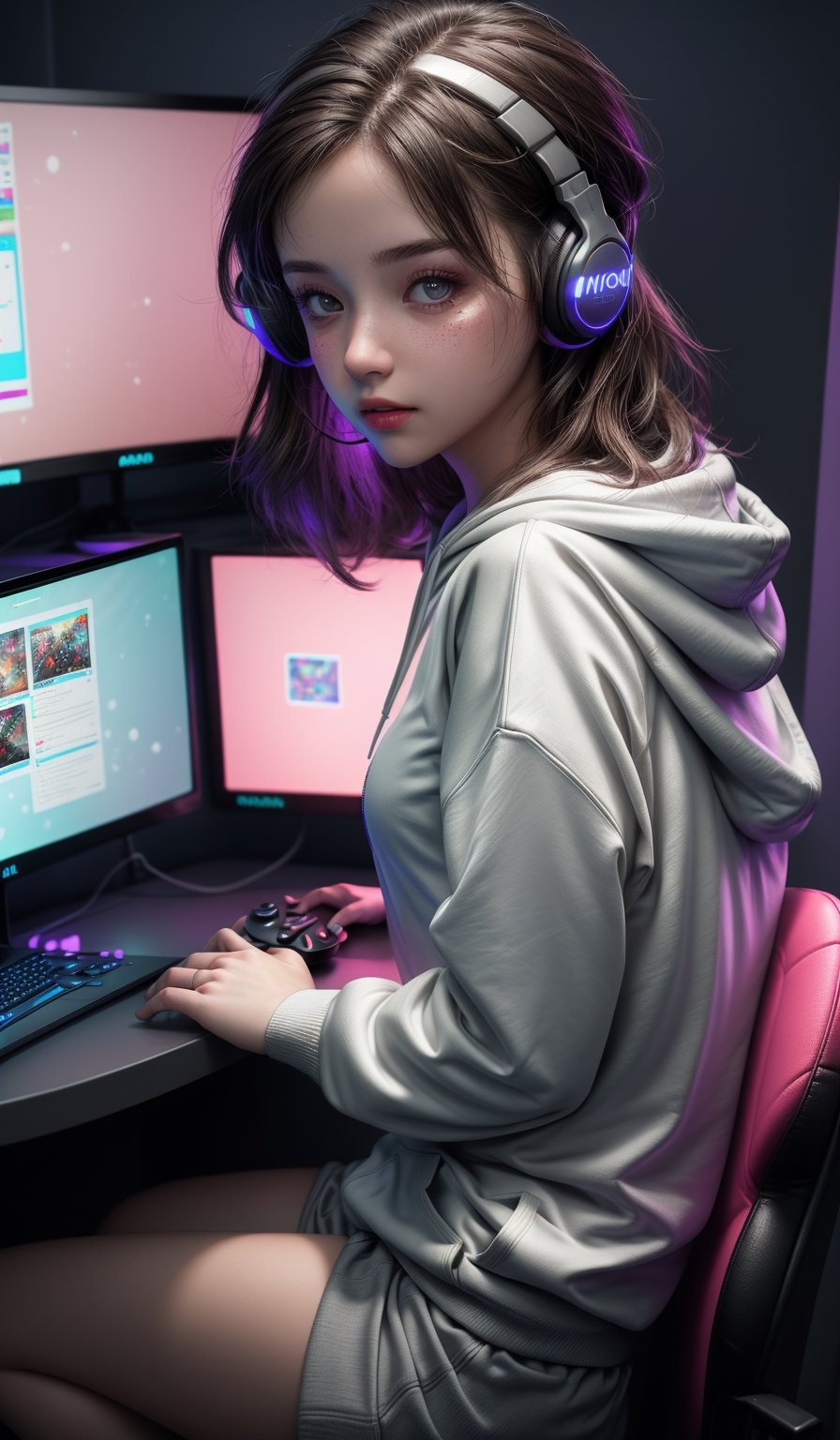 Bisscute, French girl with dark hair, (sitting at a computer wearing headphones and playing games, wearing a (hoodie:1.2) in a (neon lit room:1.3), (gamer:1.2), gaming, (gamer girl:1.3), games, bokeh, f1.4, 40mm, photorealistic, raw, 8k, textured skin, skin pores, small breasts, zipper cleavage, intricate details, side upper body shot, 4K, 64K,midjourney