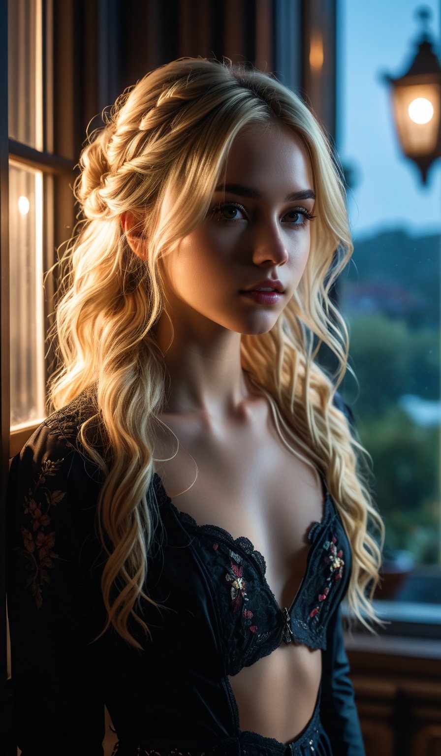 4k, 8k, ultra highres, raw photo in hdr, sharp focus, intricate texture, skin imperfections, realistic, detailed facial features, highly detailed face, posing,dark lighting,night time,((night)),window,moonlit,low lighting,long hair,(blonde hair),standing,full body,dark room
,midjourney,mansion,emo,Enhance
