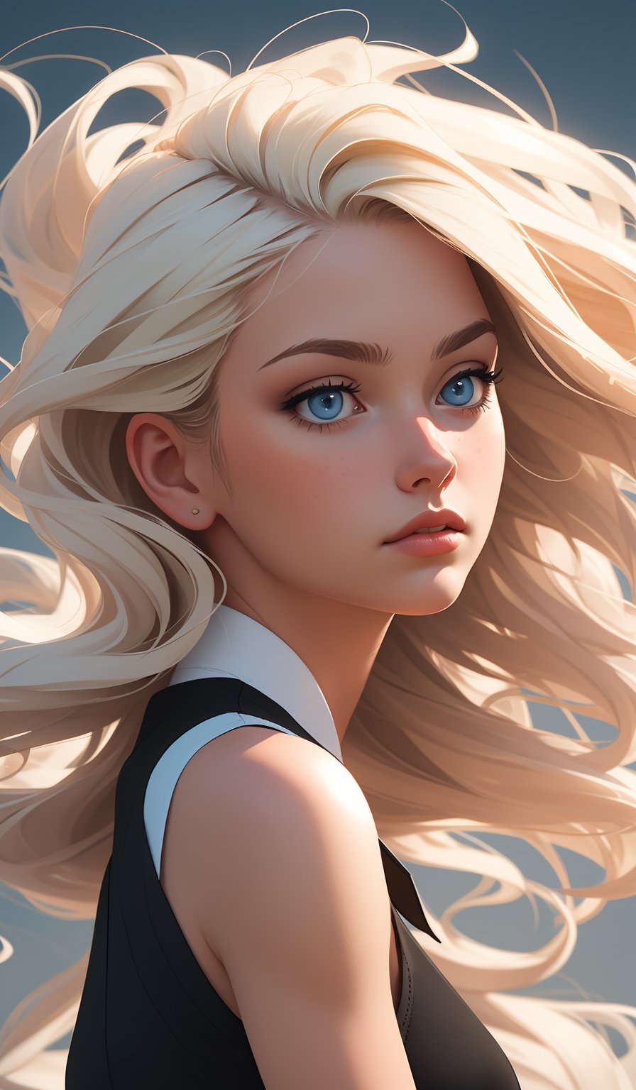 A stunning digital art piece featuring a female portrait rendered in realistic 3D illustration. The subject has captivating blue eyes and flowing blonde hair flowing and blowing in wind. Soft lighting enhances her contemplative expression, set against a dark background for contrast. She wears a classic black dress with subtle makeup, highlighting her features with high-resolution detail and textured depth. The composition evokes emotional depth and a dramatic mood, capturing her serene demeanor in a cinematic light,concept art,midjourney,1 girl