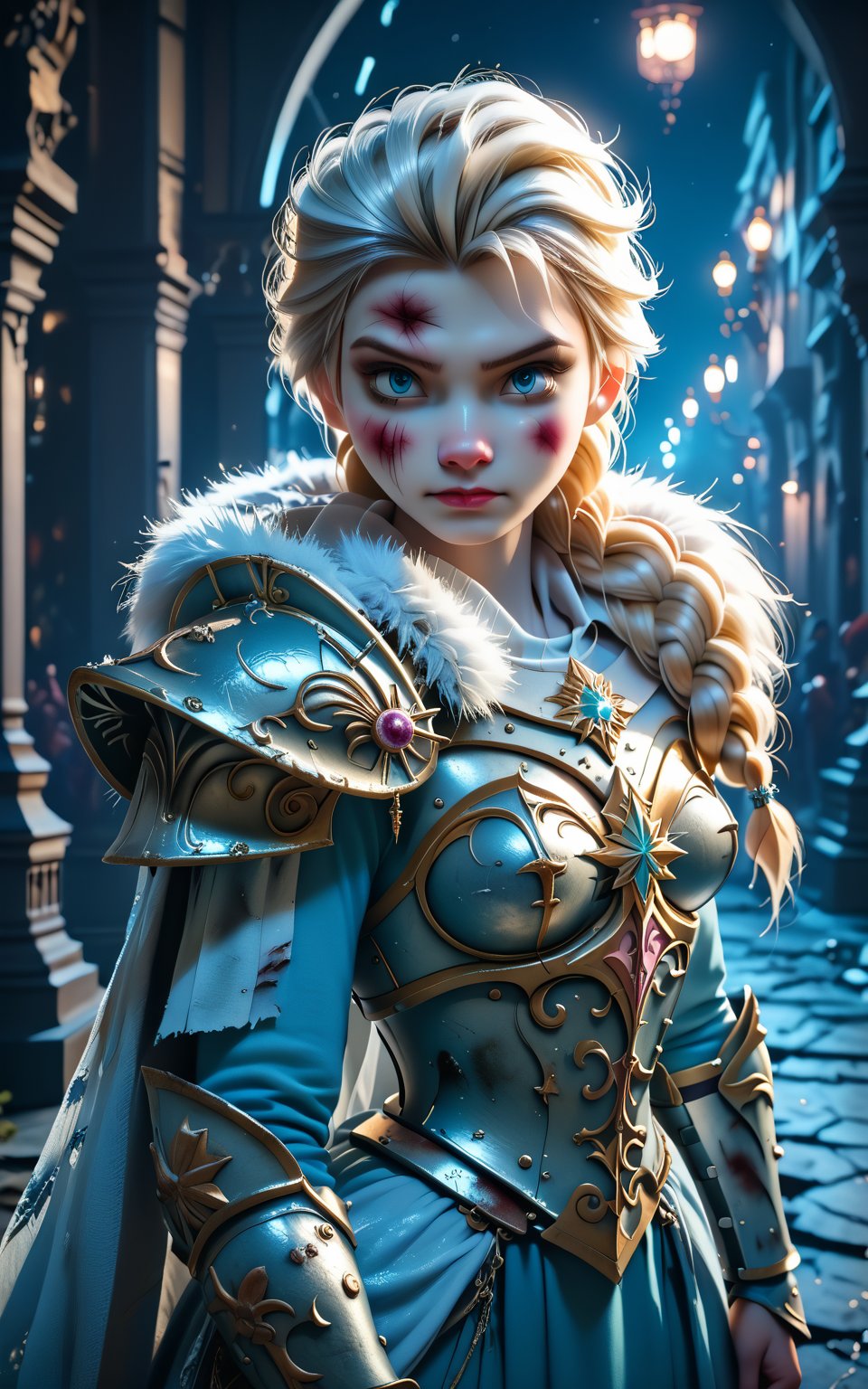 Prompt: [score_9, score_8_up, score_7_up], solo Elsa Frozen wearing armor, body shot, Sisters of Battle, light blue armor, dents in armor, worn out armor, scratches on armor, fur collar, bulky ornate armor, large ornate pauldrons, battle-worn armor, dents in armor, worn out armor, scratches on armor, gold trim, scarred face, white hair, braid, visual style: scene from a movie, depth of field, detailed, intricate, masterpiece, nighttime, darkness, space marine, g0thicPXL,Expressiveh,holding power sword,Knight armor,single braid,SpaceMarine,ElsaXPL