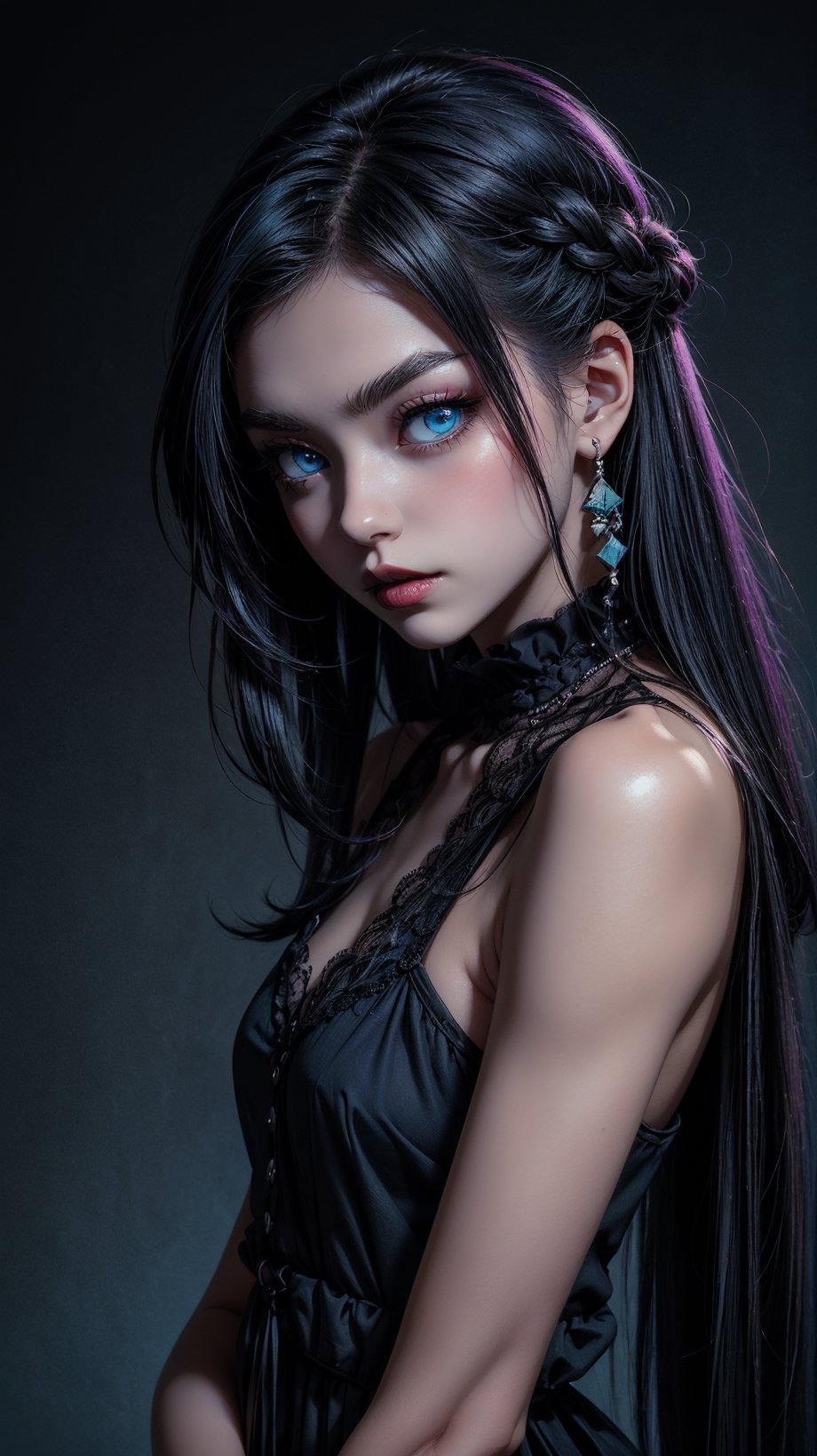 (((masterpiece))) anime style, cartoon, comic, anime comic, medium dark colors, soft tones, lighting details, generates an image of a 20-year-old a single gothic girl, black painted lips, pastel blue eyes, long black hair dark pastel purple background, the girls hair reaches her eyebrows, defined eyebrows, upper body