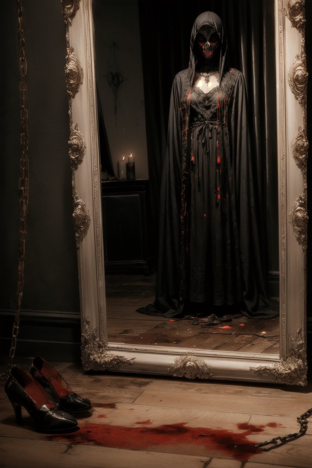 ultra detailed photography of a dark room illuminated by candles, in the center of the room a mirror shows a female ghost only visible in the reflection, red blood splattered all 

over the room, dramatic, claw marks are visible on the wooden floor, chains and robes hanging, dark art by MSchiffer, eerie, creepy, nightmarish