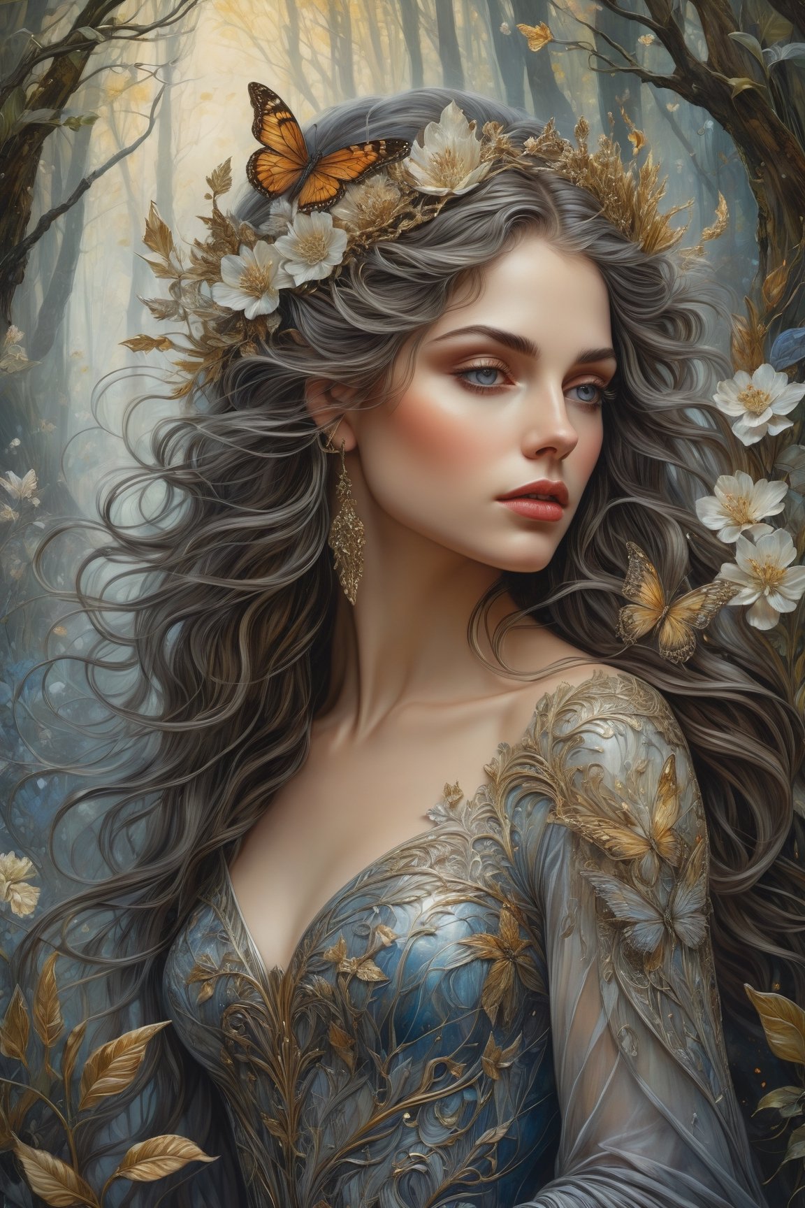art by Rebecca Guay and cameron gray and gray karol bak An award-winning 16K digital painting . A perfectly detailed and intricate full-length image of a European woman, a magical creature with dark hair and in a beautiful couture against the backdrop of a growing spring landscape. The forest and flowers masterfully convey the breathtaking chaos and drama of the scene. The perfectly beautiful and cinematic composition makes this work a real masterpiece, fashionable on artstation perfect ultra highly detailed, detailed perfect digital painting, highly detailed, intricated intricated pose, clarity, high quality