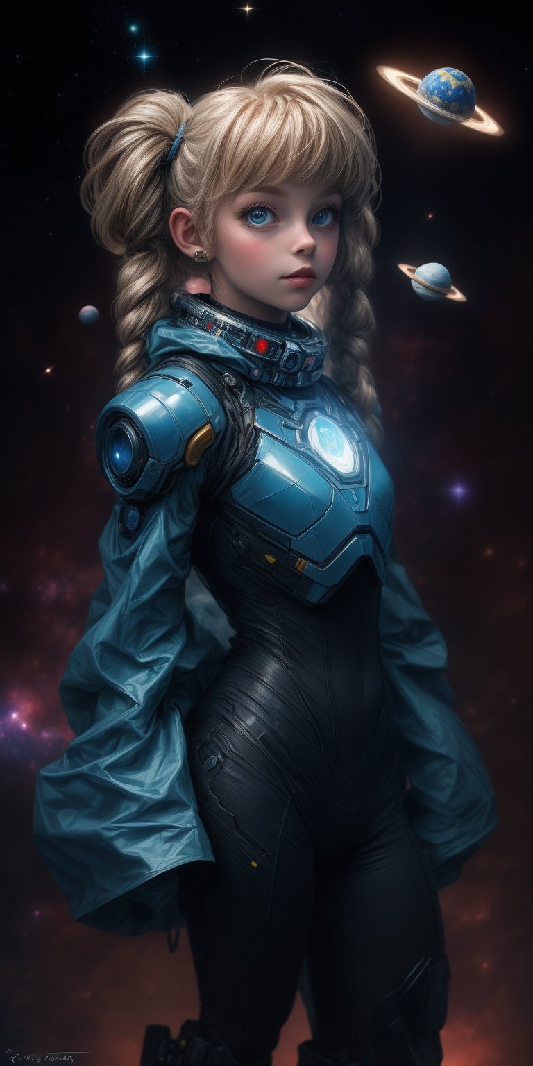 "A detailed painting of a little alien girl dressed as a space ranger, long twin tails, exploring an extraterrestrial landscape adorned with vibrant, otherworldly flowers. Science fiction wonderland, imaginative, space adventure." (((upper body portrait))),midjourney,