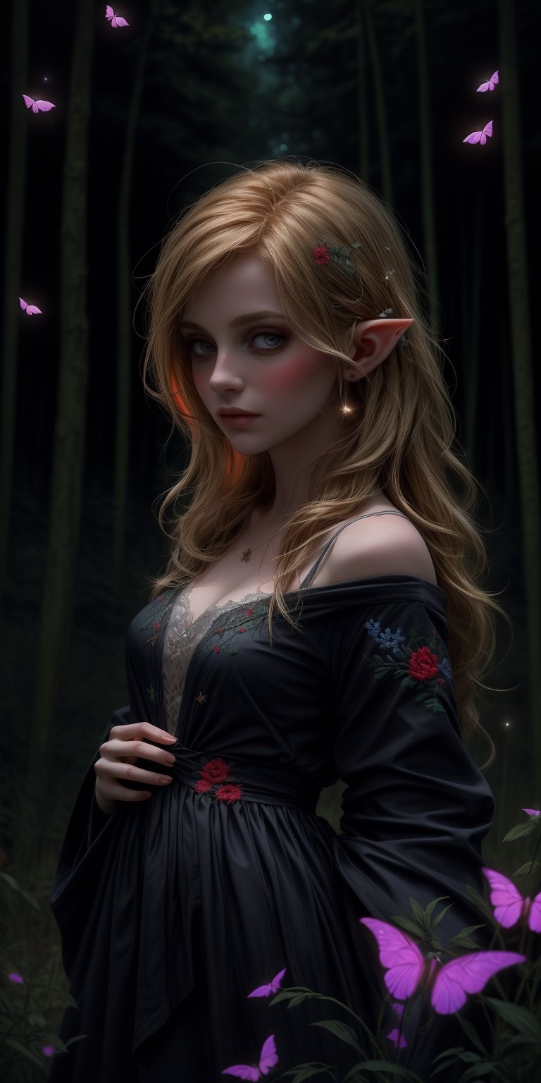 (masterpiece, best quality, highly detailed:1.2), portrait of broken-hearted elf with graceful poise, (looking at viewer),  macabre dance, wearing cobalt, peach, periwinkle, wizard embroidered robes, in foreboding silence haunting meadow with ethereal fireflies, sweet perfume, sudden silence, upper body portrait, colorful forest background, detailed background,midjourney