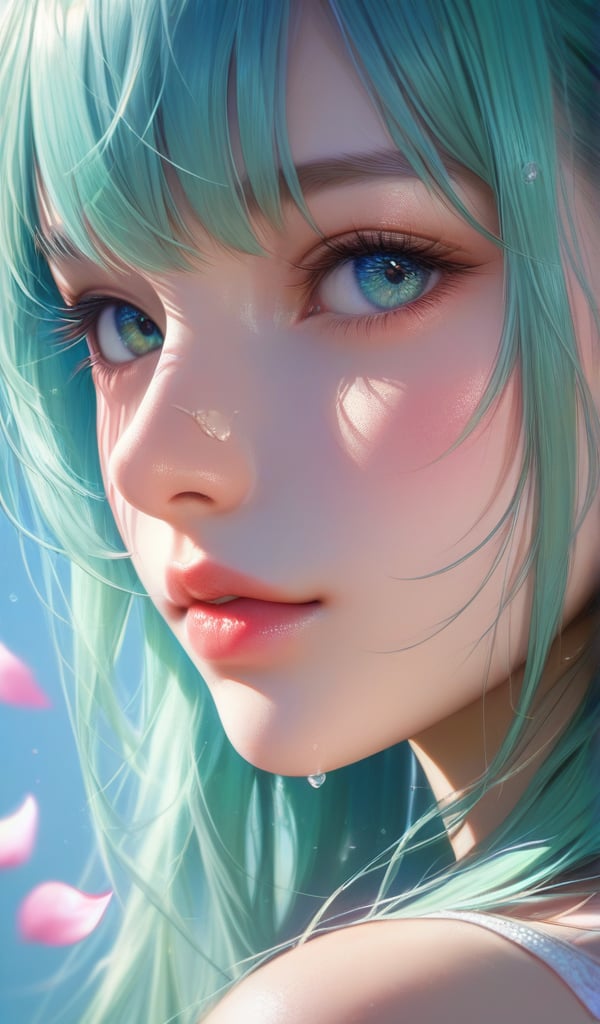 score_9, score_8_up, score_7_up, Girl's profile picture, light green long hair with bangs, light blue petals on cheeks, realistic skin texture, detailed picture, close-up, perfect face, HD32k