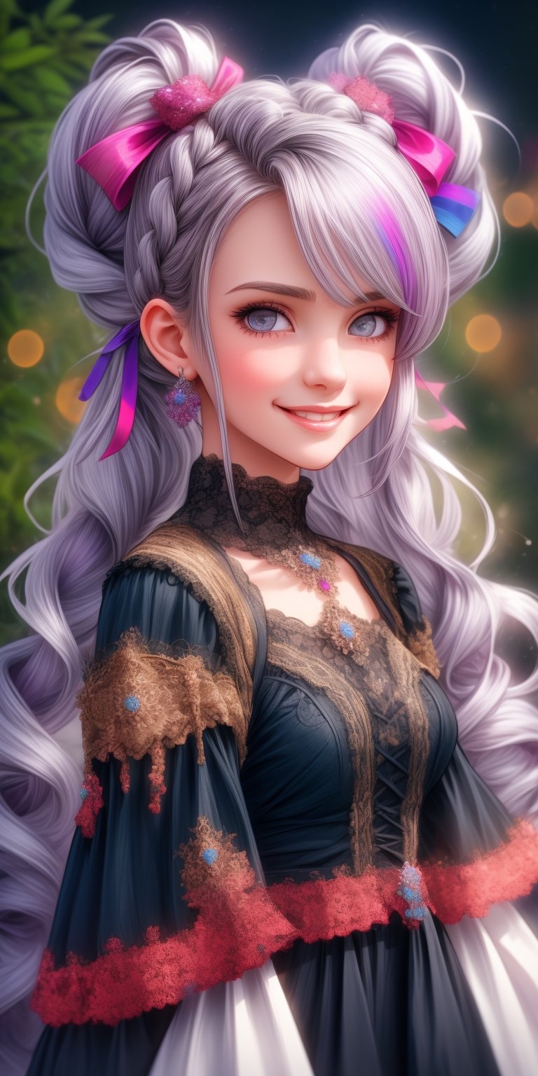 Ultra realistic nordic girl,beautiful grey eyes,smile, superbly crafted braided hairstyles,amazingly intricate braids woven with riibbons,7 colorful hair colors,each braided twintails painstakingly created and decorated with delicate ribbons and accessories.,aesthetic,Rainbow haired girl ,Realistic gray Eyes,flat chested,1 girl,midjourney