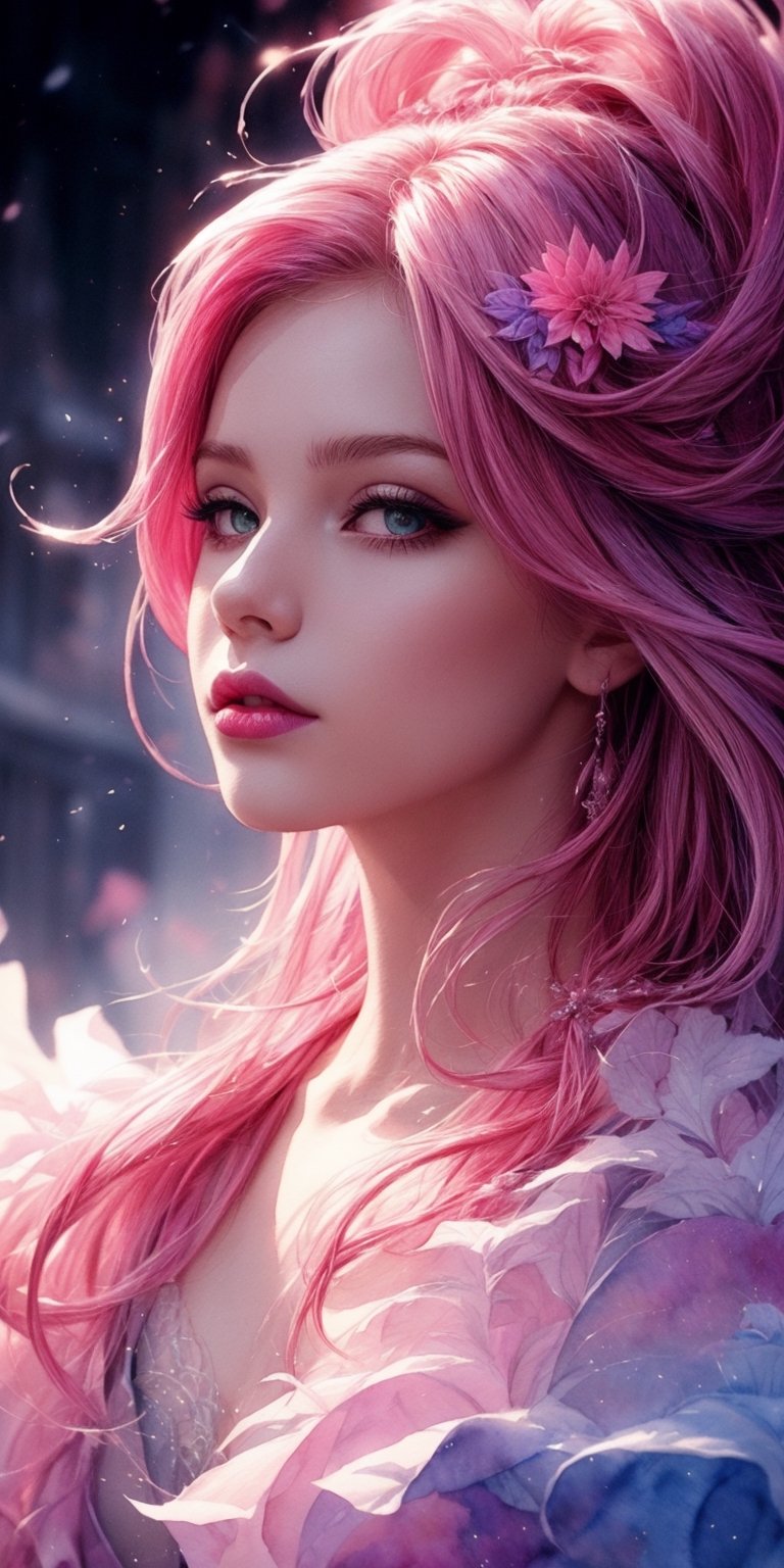 (​masterpiece, Top Quality, Top Quality, watercolor (The middle), offcial art, Beautiful and aesthetic : 1.2), (1girll : 1.3), (fractal art : 1.3), Upper body body, face the front, Watching the viewer, patterns, (Pink hair, colorful hair, Half purple and half pink hair ,flowers on hair: 1.2), morning mist, swirling fog, swirling clouds, colourful, ,galaxies,1 girl