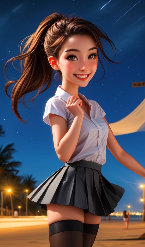 highres, ultra detailed, (1girl:1.3), (dynamic pose):1.0 upper body shot, BREAK, 1 extremely beautiful and glamorous girl walking in the park at night, wearing a white collard shirt and a short length pleated skirt, (knee high stockings), she has long wavy pony-tail hair style, small breasted, smile, happy, wind, 8 life size, detailed clothes, detailed body, detailed arms, human hands, detailed hands, upper body shot, blush, light smile, looking the viewer, facing the viewer, staring the viewer, Lights are lit around the beach and stars are shining in the sky, studio soft light, cinematic light, detailed background, realistic, ultra-realistic, masterpiece, 32k ultra-sharp image,SAM YANG