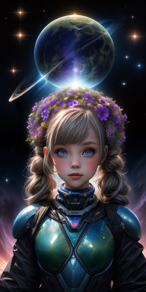 "A detailed painting of a little alien girl dressed as a space ranger, long twin tails, exploring an extraterrestrial landscape adorned with vibrant, otherworldly flowers. Science fiction wonderland, imaginative, space adventure." (((upper body portrait))),midjourney,