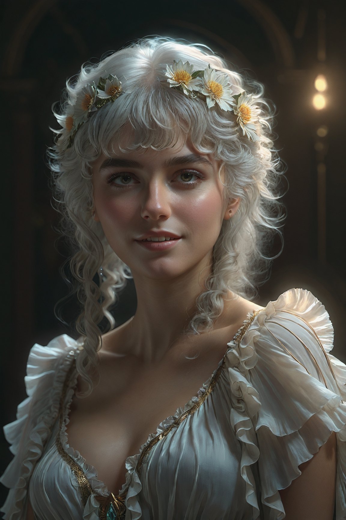 Hyper realistic picture of female by david hockney and alphonse mucha,fantasy art, photo realistic, dynamic lighting, artstation, poster, volumetric lighting, very detailed face, 4 k, award winning,, 1girl, in the dark, deep shadow, low key,small breasts, (low cut frilly blouse), waist up shot,(official clothing:1.4) ,(smile), long hair,bangs,white hair,
