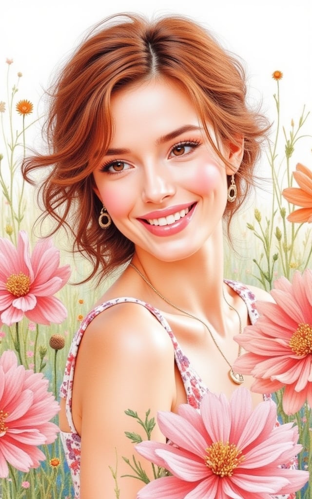 Watercolor Portrait of a woman, soft gaze. wavy auburn hair, loose strands, peach lips, light blush, soft brown eyeliner, pastel pink eyeshadow. flowy floral dress, delicate necklace, simple earrings. glancing at viewer, happy expression, surrounded by soft flowers,garden setting. gentle colors, watercolor, fluid brushstrokes, dreamy, ethereal, soft light, delicate details, artistic elegance,BellaThorneFlux,ArcylicOil Painting 1 