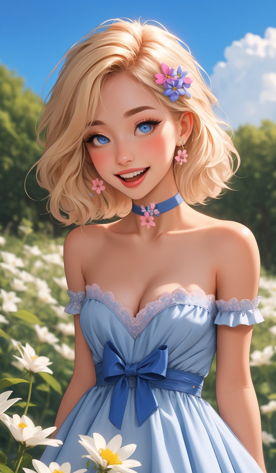 1girl, solo, breasts, flower, smile, hair flower, blue eyes, blonde hair, looking at viewer, hair ornament, bare shoulders, blush, outdoors, pink flower, dress, small breasts, :d, choker, cleavage, day, collarbone, frills, blue dress, sky, upper body, strapless, bangs, blue sky, white flower, blue bow, bow, upper teeth only, arm garter, strapless dress, medium hair, eyelashes, head rest, tongue, lips
,midjourney,SAM YANG