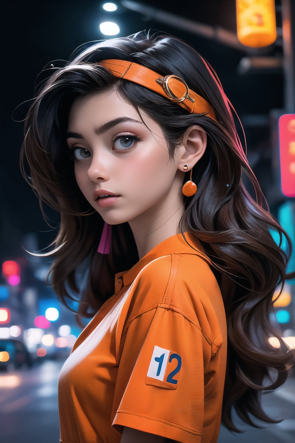 (masterpiece:1.2, best quality:1.1, highres,high quality),(photorealistic:1.1),stunningly beautiful cyberpunk woman, upper body portrait, long swept red hair, by Leonid Afremov, shiny skin, glossy skin, (((orange safety  clothing))), orange headband, city lights, night,intricate details, (ultra-realistic:1.05), (high 
saturation:1.05), (high contrast:1.05), 35mm raw photo,,1 girl,midjourney