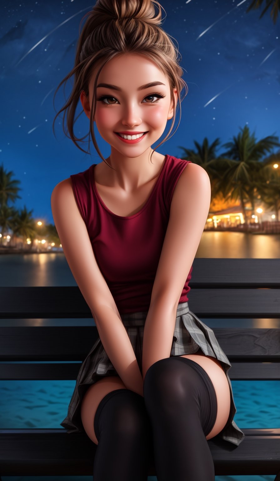 highres, ultra detailed, (1girl:1.3), (dynamic pose):1.0 upper body shot, BREAK, 1 extremely beautiful and glamorous girl sitting on the park bench at night, wearing a white collard shirt and a short length pleated skirt, (knee high stockings), she has long wavy pony-tail hair style, small breasted, smile, happy, wind, 8 life size, detailed clothes, detailed body, detailed arms, human hands, detailed hands, upper body shot, hip focus, blush, light smile, looking the viewer, facing the viewer, staring the viewer, Lights are lit around the beach and stars are shining in the sky, studio soft light, cinematic light, detailed background, realistic, ultra-realistic, masterpiece, 32k ultra-sharp image,SAM YANG