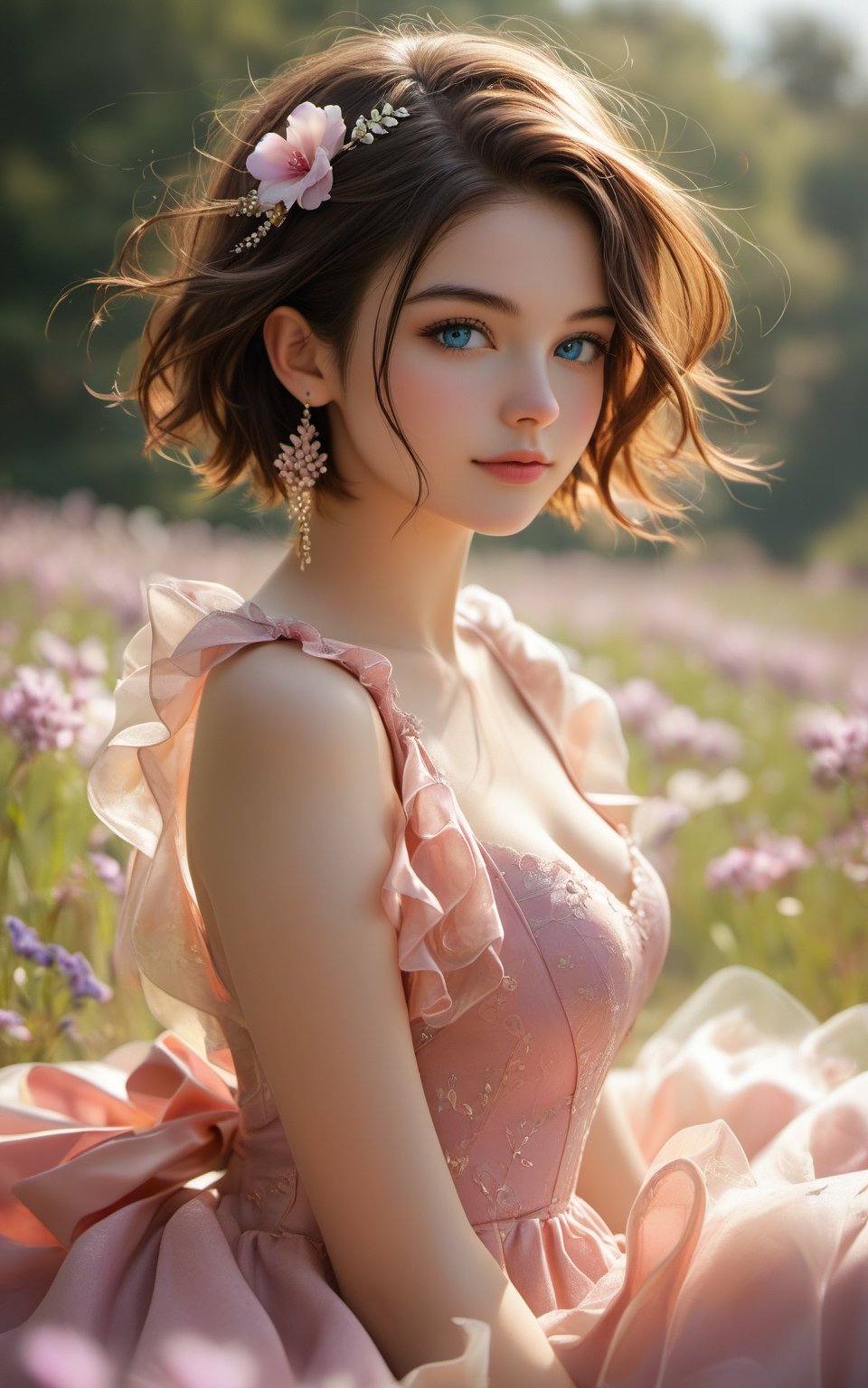 symmetrical, high quality, highres, absurdres, ((masterpiece, best quality)), (((masterpiece, best_quality, highest quality))), light blue eyes, (perfect detail, perfect skin:1.2),extremely detailed 8K wallpaper, solo, beautiful woman, beautiful brown hair, short hair, wearing a pink silk dress, (sitting in lavender field), spring, soft lighting, close-up, upper body, hyper realistic dynamic 35mm photo, depth of field, motion blur , Expressiveh,concept art, score_6
