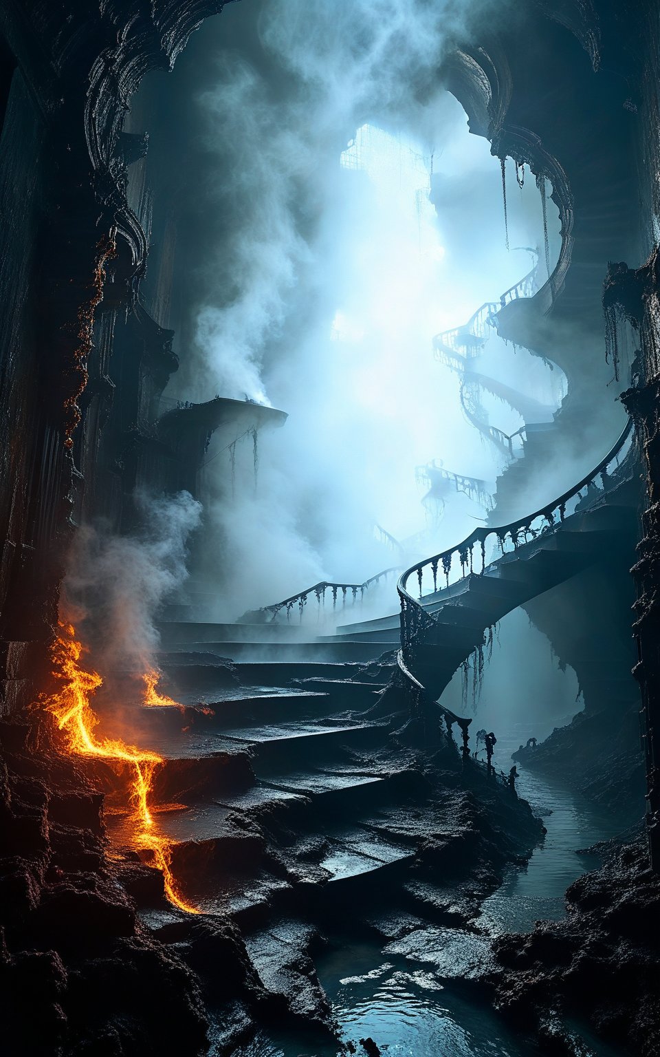 An ominous underworld landscape where the depths of hell are represented by an endless, spiraling staircase that descends into darkness, the air heavy with sulfuric fumes and tormented souls ascending and descending in eternal suffering