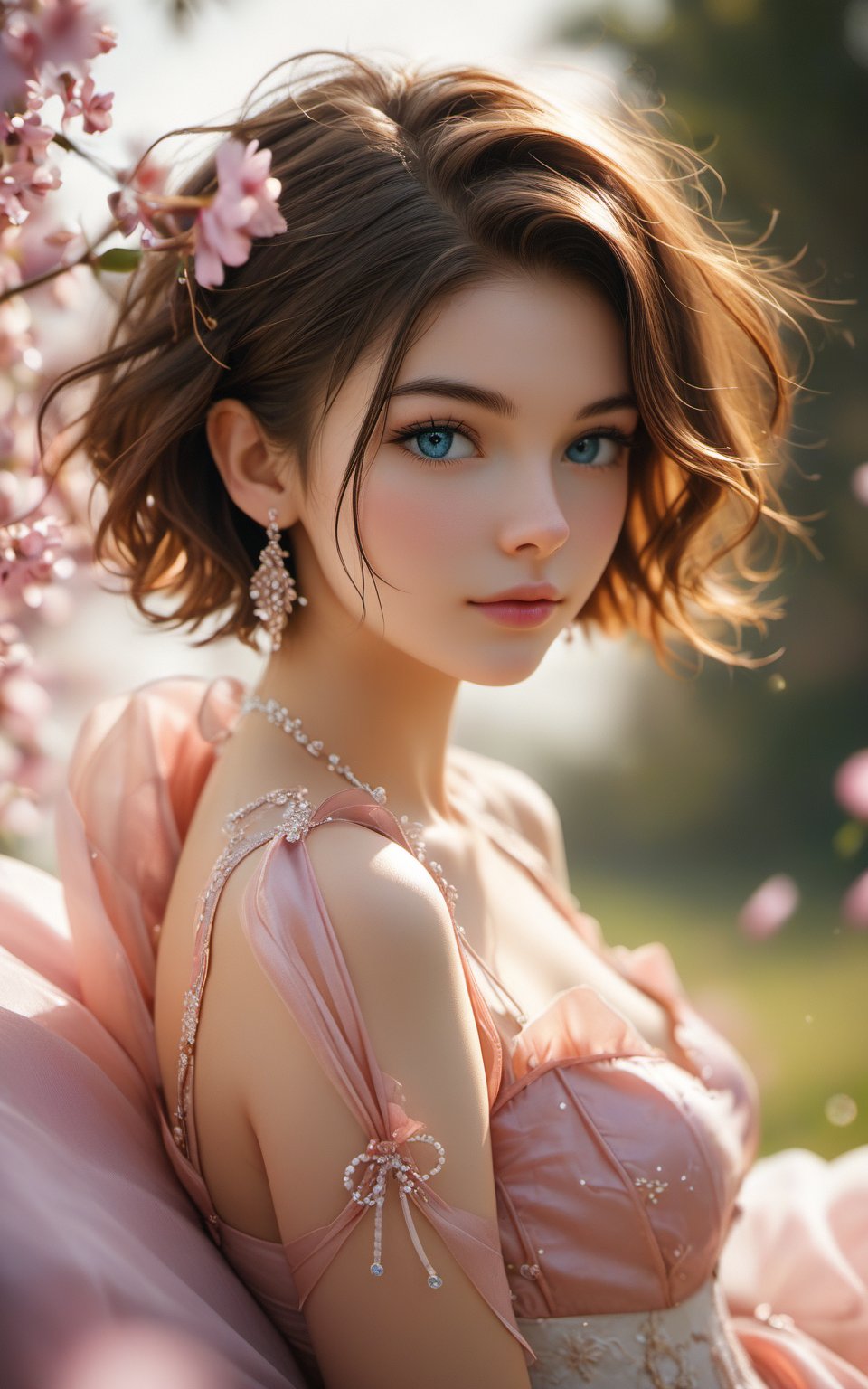 symmetrical, high quality, highres, absurdres, ((masterpiece, best quality)), (((masterpiece, best_quality, highest quality))), light blue eyes, (perfect detail, perfect skin:1.2),extremely detailed 8K wallpaper, solo, beautiful women, beautiful brown hair, short hair, wearing a pink silk dress, (sitting in lavender field), spring, soft lighting, close-up, body shot, hyper realistic dynamic 35mm photo, depth of field, motion blur , Expressiveh,concept art, score_6
