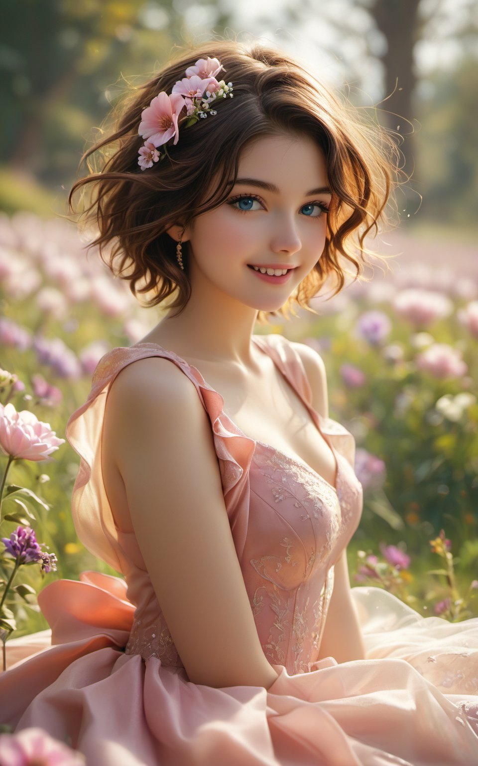 symmetrical, high quality, highres, absurdres, ((masterpiece, best quality)), (((masterpiece, best_quality, highest quality))), light blue eyes, (perfect detail, perfect skin:1.2),extremely detailed 8K wallpaper, solo, beautiful woman, beautiful brown hair, short hair, happy, wearing a pink silk dress, (sitting in lavender field), spring, flowers, soft lighting, full body, hyper realistic dynamic 35mm photo, depth of field, motion blur , Expressiveh,concept art, score_6
