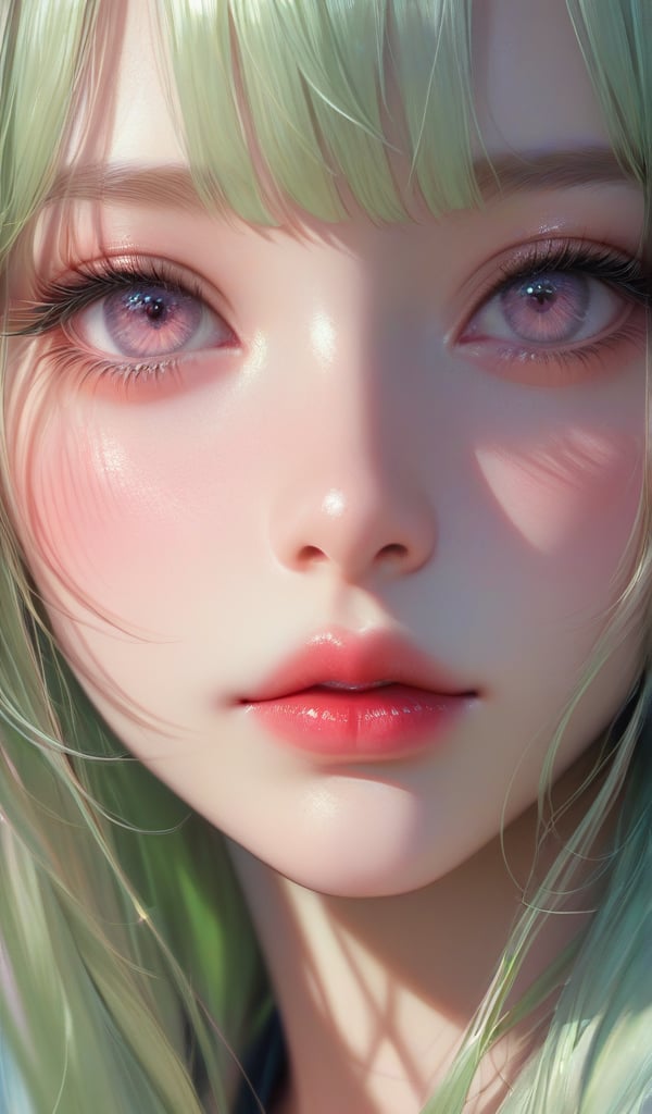score_9, score_8_up, score_7_up, Girl's profile picture, light green long hair with bangs, long eyelashes, light blushed cheeks, glossy red lips, realistic skin texture, detailed picture, close-up, perfect face, HD32k