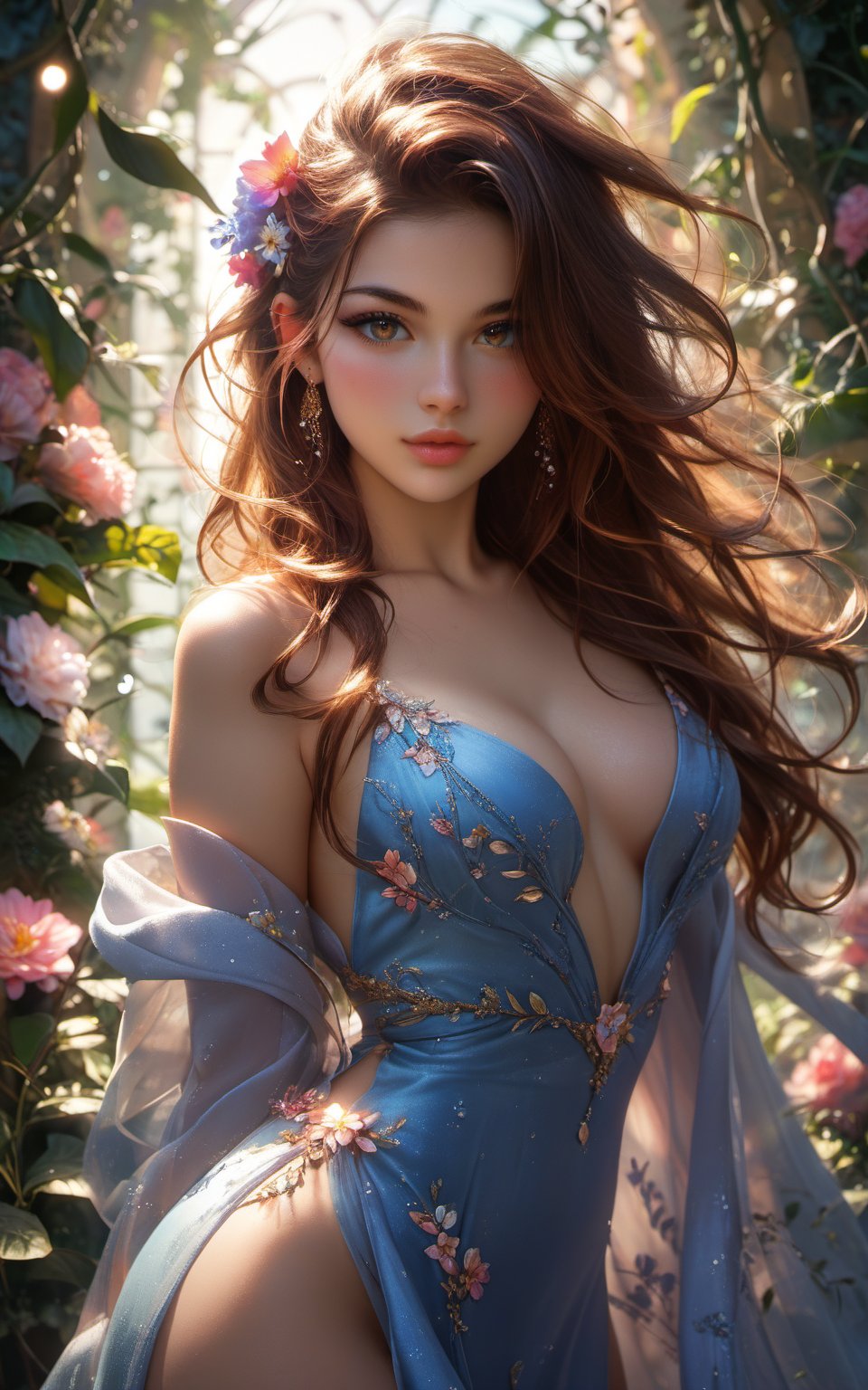 colorful, score_9, score_8_up, score_7_up,score_6_up, 1girl, solo, woman, supermodel, sexy, elegant, cleavage, cowboy  shot, standing, dynamic pose, smooth thighs, silk robe, garden, flowers, exotic flowers, vines, front side view, close crop, looking at viewer, bokeh, (shadows:1.2), volumetric lighting, cool lighting, dim lighting, super long hair, windswept hair, blush, eye liner, eye shadow, detailed eyes, beautiful eyes, full lips, lips parted, (curvy voluptuous body:1.2), wide hips, thick thighs, amazing legs, large ass, shiny shiny skin, beauty marks, Expressiveh, ultra realistic, ultra detailed, realistic shadows
, Expressiveh,concept art, score_6