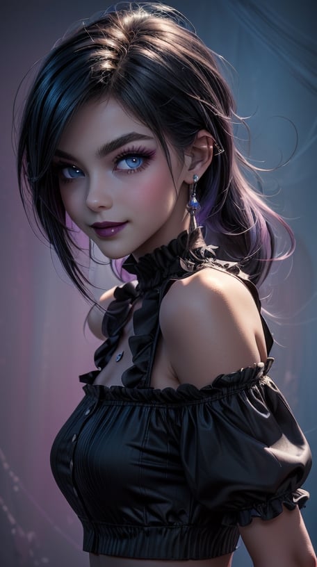 (((masterpiece))) anime style, 3d render, medium dark colors, soft tones, lighting details, generates an image of a 20-year-old a single gothic girl, black painted lips, pastel blue eyes, long black hair dark, candid smile, pastel purple runny paint background, the girls hair reaches her eyebrows, defined eyebrows, torso shot