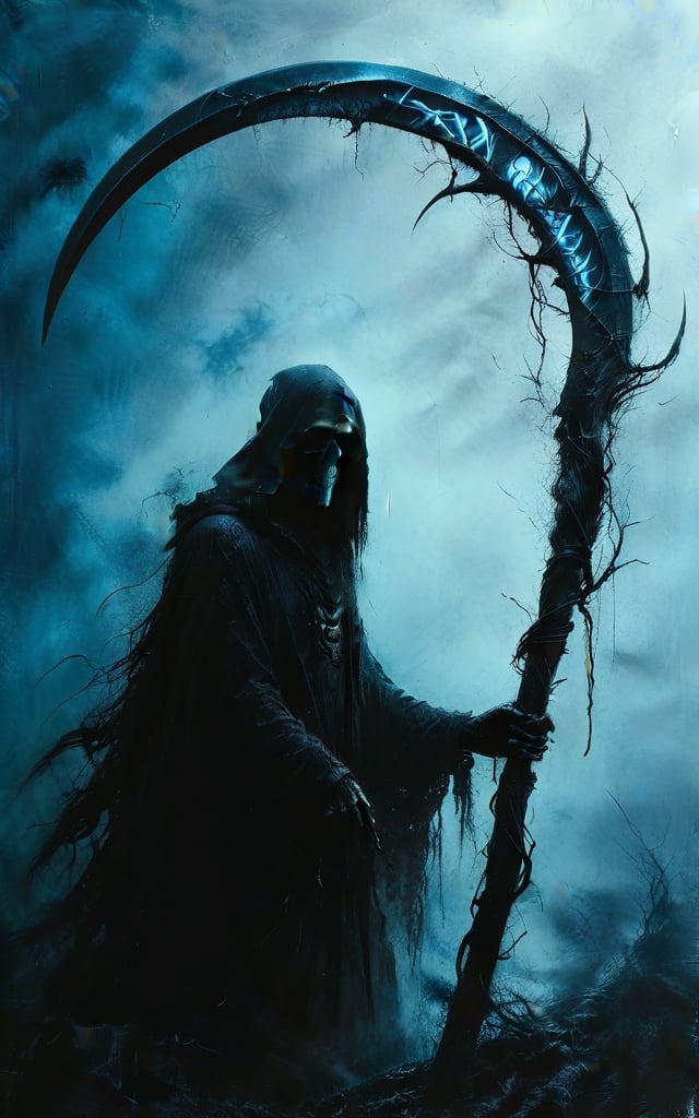 (masterpiece, best quality, hyper detailed, ultra realistic, 32k, RAW photo) (the grim reaper staring up:1.2), (blue gradient color scheme), holding scythe, realistic, perfect composition and chiaroscuro by Rembrandt, concept art, by Jarek Kubicki, (moon background)
,Expressiveh,concept art,dark theme