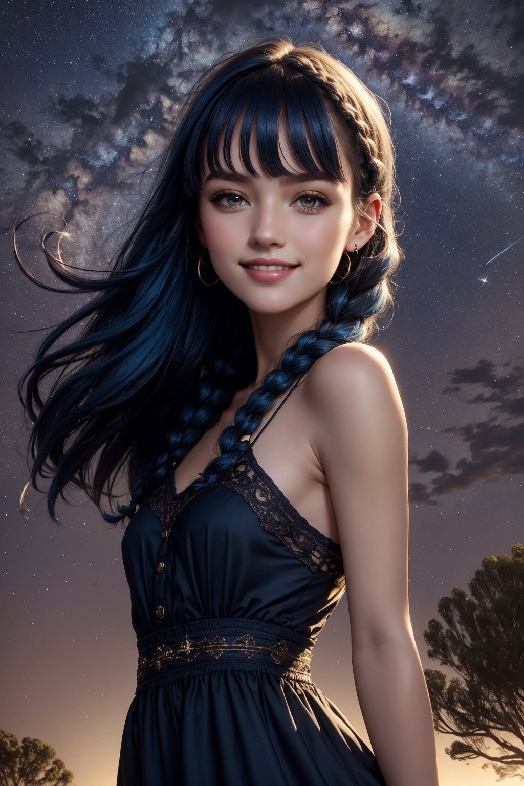 highres, masterpiece, realistic, perfect face ligting, bloom, night, dark, cinematic lighting, adult, perfect skin, female, small breasts, shapely thighs, short loose summer dress, looking at viewer, portrait, upper body, simple background, summer starry sky background, windy, parted bangs, blue hair, very long hair, long braided, :), (smile), Australian girl in the outback,more detail , less detail