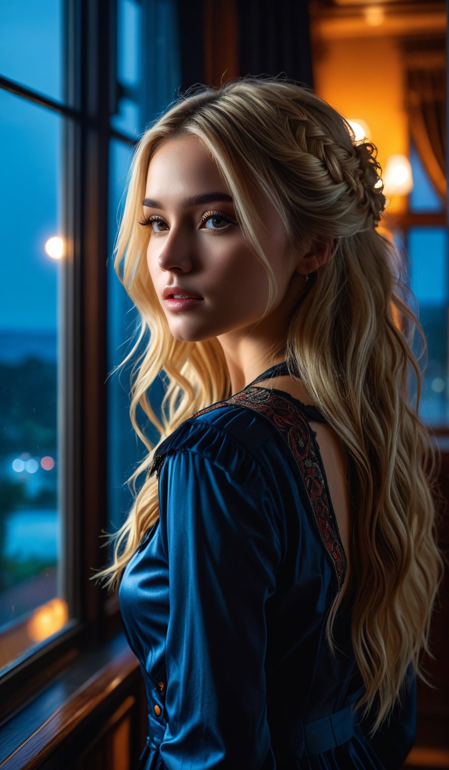 4k, 8k, ultra highres, raw photo in hdr, sharp focus, intricate texture, skin imperfections, realistic, detailed facial features, highly detailed face, posing,dark lighting,night time,((night)),window,moonlit face,low lighting,long hair,(blonde hair),standing,rear view, full body,dark room
,midjourney,mansion,emo,Enhance