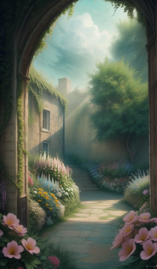 Through the summer of your years Enchanted, a secret garden overgrown walled expanse. beautiful. masterpiece. background. flowers, Dark,mysterious,haunting,dramatic,ornate,detailed,Mixed media,guache wash Ink,ethereal background,Highly detailed,intricate,beautiful,high definition,fantastic view. 3d,volumetric lighting,extremely detailed,award winning,(perfect details:1.1)RAW photo,subject,8k uhd,dslr,soft lighting,high quality,film grain,Fujifilm XT3,FastNegativeV2,realism,Mysticstyle