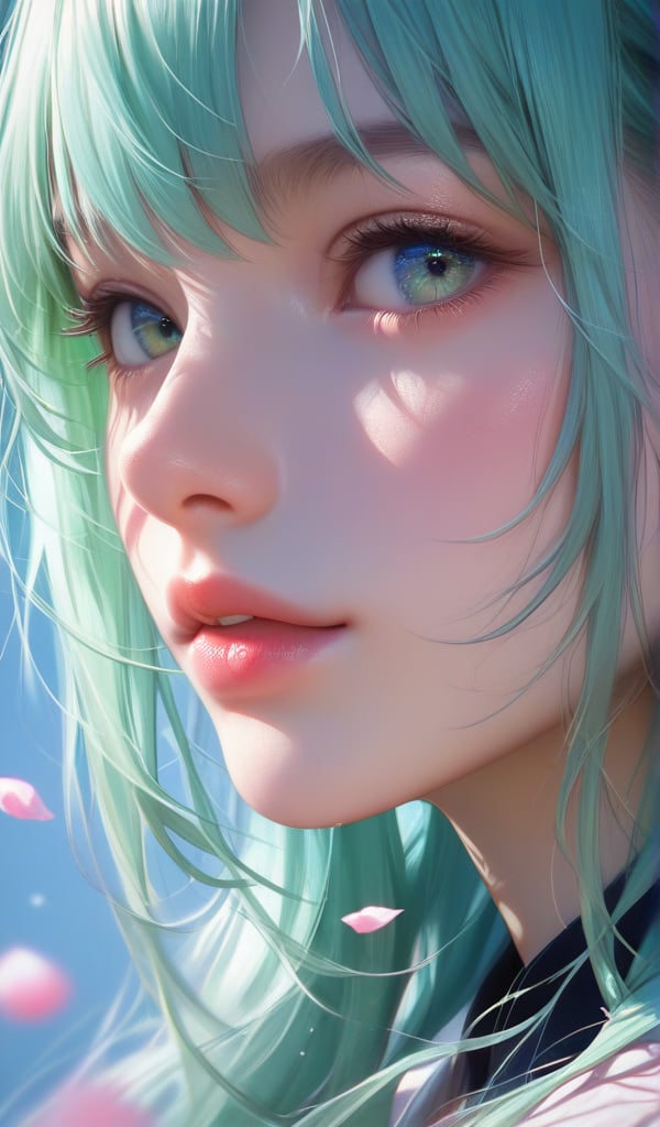 score_9, score_8_up, score_7_up, Girl's profile picture, light green long hair with bangs, light blue petals on cheeks, realistic skin texture, detailed picture, close-up, perfect face, HD32k