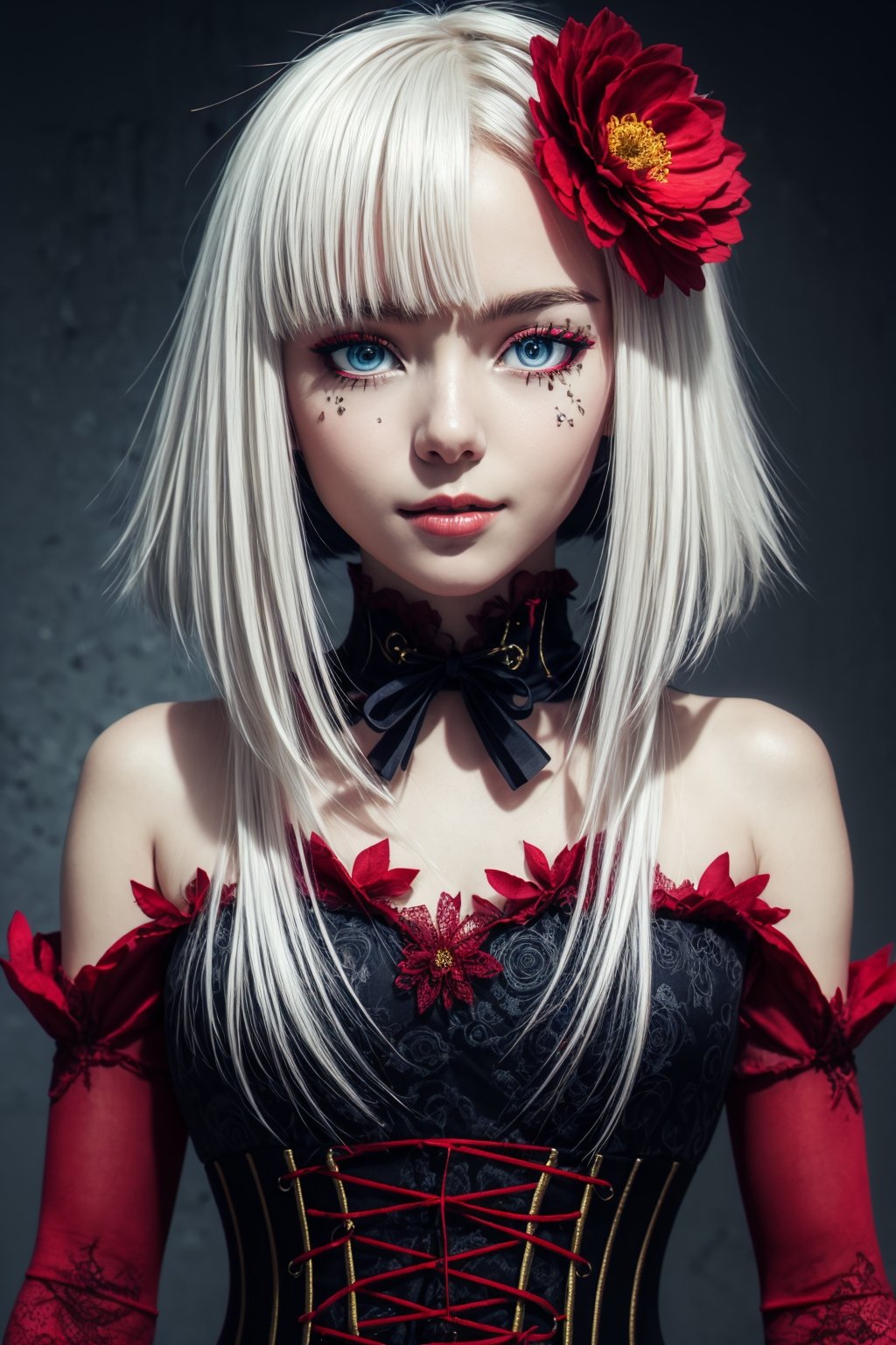 (1 cute girl), (white hair), grey eyes, wearing a beautiful light blue lace dress. White skin, flower art background, eye_detail, multi coloured flower background, face_detail, hair_detail with red flower, smile, more_detail, add_detail, add detailed, cute_face, corset, (upper body shot), (dynamic poses),ChopioDestiny,1 girl