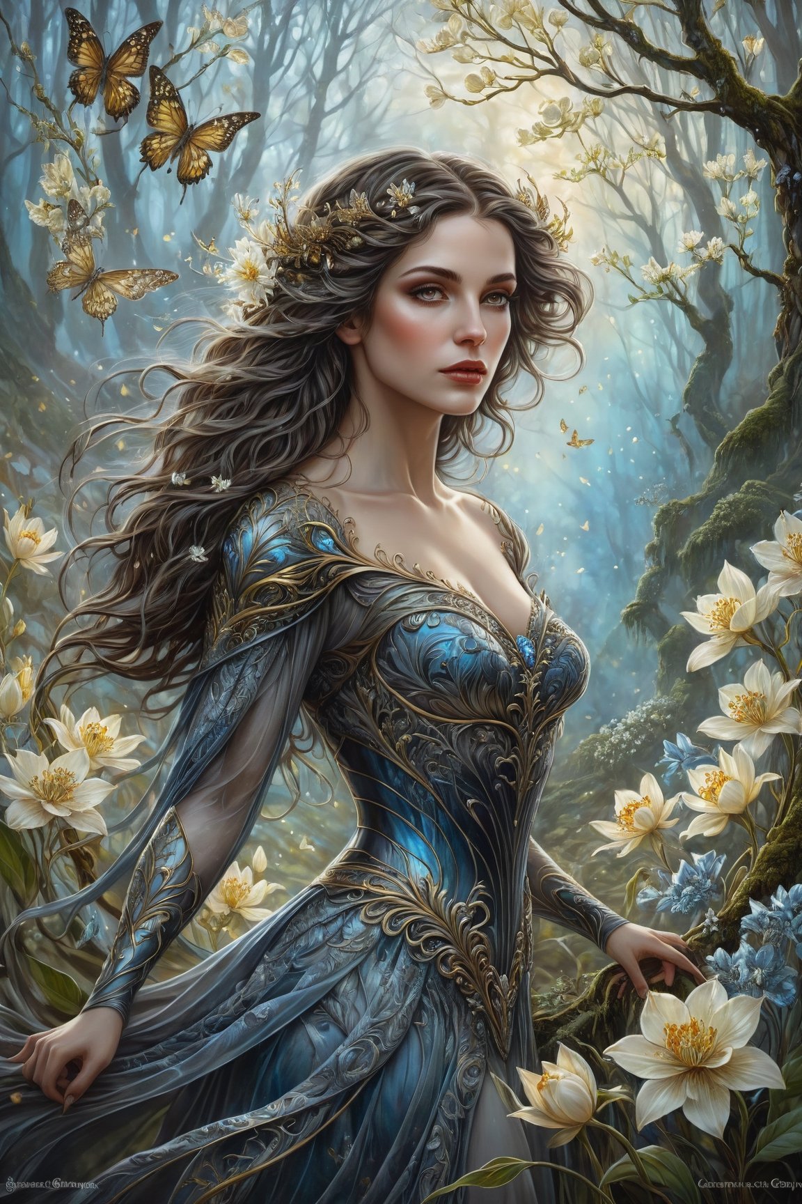 art by Rebecca Guay and cameron gray and gray karol bak An award-winning 16K digital painting . A perfectly detailed and intricate full-length image of a European woman, a magical creature with dark hair and in a beautiful couture against the backdrop of a growing spring landscape. The forest and flowers masterfully convey the breathtaking chaos and drama of the scene. The perfectly beautiful and cinematic composition makes this work a real masterpiece, fashionable on artstation perfect ultra highly detailed, detailed perfect digital painting, highly detailed, intricated intricated pose, clarity, high quality