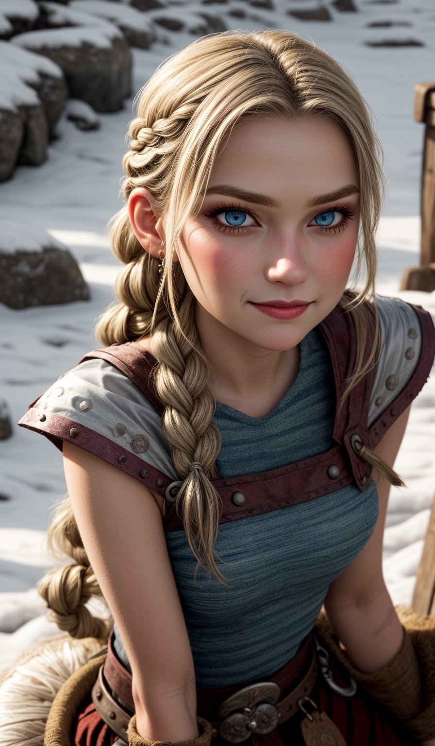 Create a softened depiction of a Viking girl, dressed in a medieval Viking clothing with wild braided hair. blue grey eyes, natural-looking eyebrows, and a happy gentle downward gaze. Keep the overall makeup light, with a touch of foundation for a soft and natural appearance. The lips can be painted in a gentle, neutral tone, while the eyes receive a light touch of eyeshadow and eyeliner for a more subdued effect. Strive for a sweet and approachable look, maintaining the essence of a Viking maiden appearance with a milder and more charming touch,standing cowboy shot,Astrid Hofferson